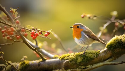 Fototapeta premium Small Robin Bird Perched on Branch With Berries