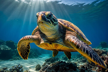 Naklejka na ściany i meble A close up of a sea turtle swimming under sea