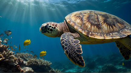 A close up of a sea turtle swimming under sea