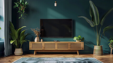 Retro tv console with plants in a minimalist living room interior with dark green walls, wooden floor and blue rug.
