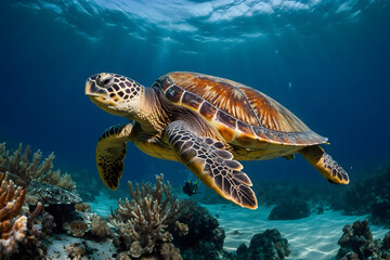 Fototapeta premium A close up of a sea turtle swimming under sea