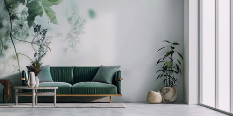 An interior space with a green sofa, plants, and a botanical-themed wallpaper in the background, rendered in a minimalist style with soft colors and natural elements.