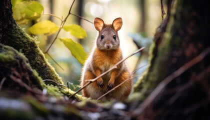 Pademelon Squirrel Standing on Hind Legs in Woods