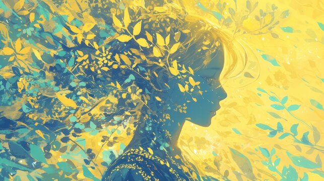 A beautiful woman with plants and trees growing out of her head, vibrant abstract background and splashes of paint creating a double exposure effect, 