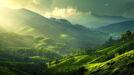 a lush green landscape with rolling hills and mountains in the distance. There are tea plantations on the hills