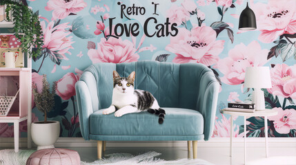 A white cat is sitting on a blue couch in a room with a pink floral wallpaper, the image has a retro style and conveys a feeling of nostalgia and evokes a sense of calm and tranquility.