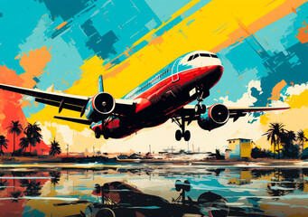 Summer Travel Dreams: Vibrant Pop Art Collage Depicting Airplane, Adventure Awaits in Blue Skies