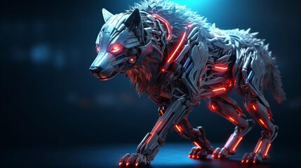 A digital painting of a robot wolf with glowing red eyes. The background is dark and there is a spotlight on the wolf.