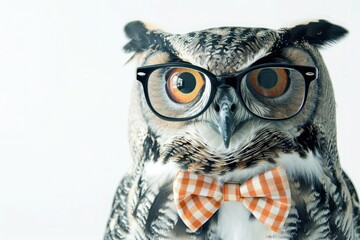 Bubo wearing glasses and a bow tie in front of a white background, ,Cute little common barn owl with glasses, creating a unique blend of dark white and light cyan tones. the industrial design 