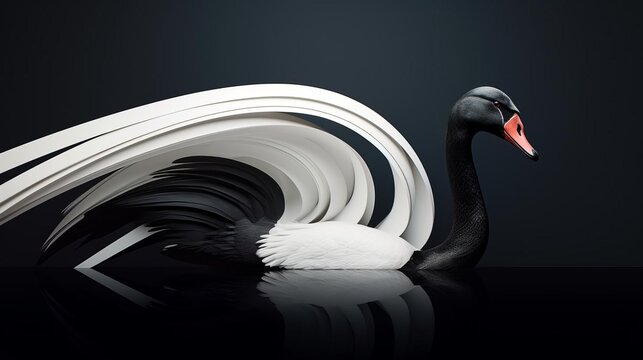 A surreal 3D composition where a sleek black swan transitions into a graceful white swan, set against a dynamic gradient background, perfect for themes of change and evolution