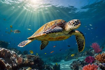 Obraz premium A close up of a sea turtle swimming under sea