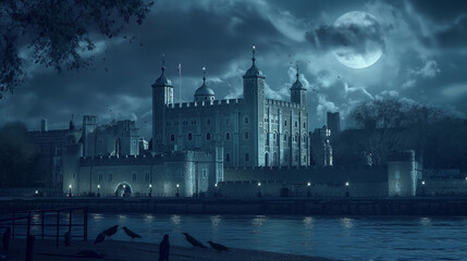 This is a picture of the Tower of London at night. The sky is dark and there is a full moon. There are some birds flying around the tower.

