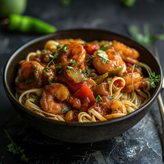 bowl of pasta with shrimp and vegetables in tomato sauce, against a dark background