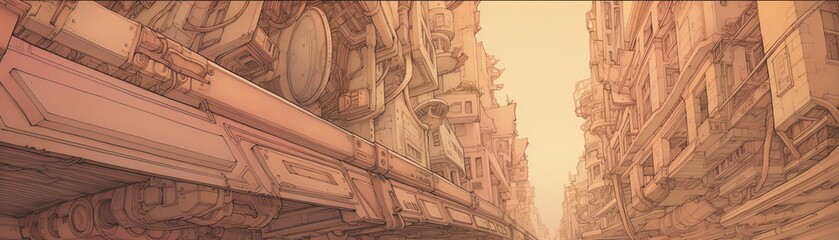 Illustrate a futuristic city street in a dystopian setting from a worms-eye view, showcasing abstract graffiti art on decaying buildings with unconventional camera angles to evoke a sense of unease an