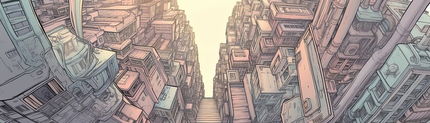 Illustrate a futuristic city street in a dystopian setting from a worms-eye view, showcasing abstract graffiti art on decaying buildings with unconventional camera angles to evoke a sense of unease an