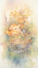 Illustrate a whimsical universe through a mixed-media approach, combining watercolor textures with digital enhancements to depict imaginative creatures and symbolic objects in a fantastical setting Ex