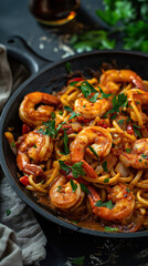  Cajun Shrimp and sausage over pasta in a sauce, dark background, food photography. Louisiana new...