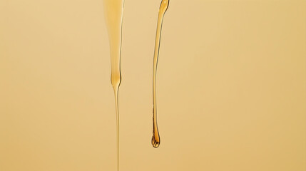 A drop of honey flows down a beige background

