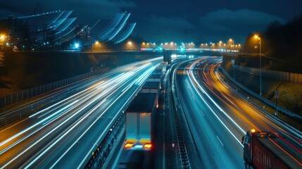 Fototapeta na wymiar High-speed timelapse of trucks on a highway at night creating a mesmerizing blur of motion and light trails.