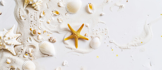 Light background with sand, shells and starfish
