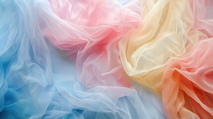 Sunny summer composition with tulle fabrics in pastel colors.