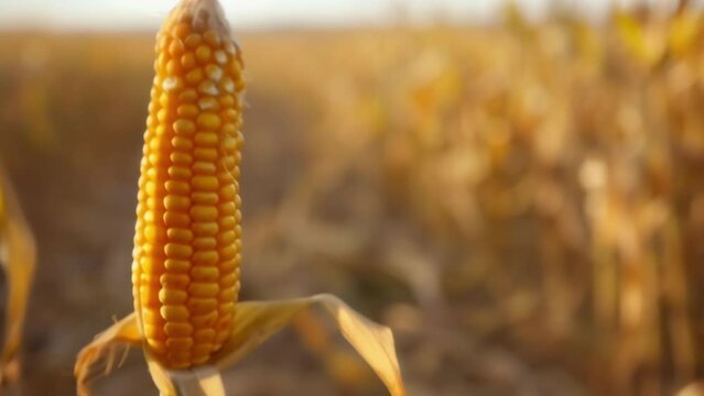 A closeup of a single stalk heavy with ripe corn kernels against a backdrop of neverending fields stretching out to the horizon. .