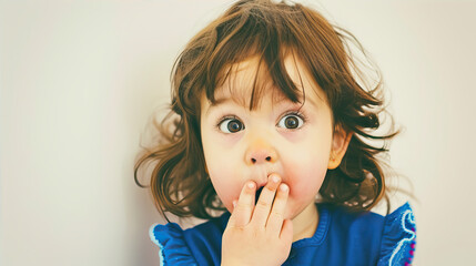 Little girl with a surprised expression covering her mouth with her hand
