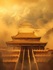 The golden palace shrouded in clouds and mist in the valley