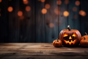 Fuzzy Halloween background Wooden table halloween. - obrazy, fototapety, plakaty