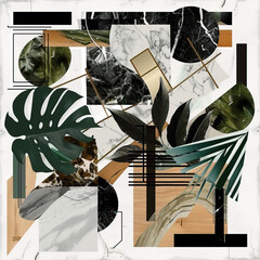 Collage of tropical leaves and pieces of paper
