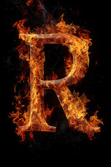 Fire letter R made of burning letters on black background