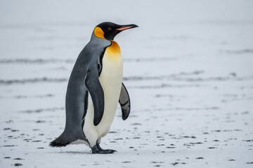 Lonely King Penguin (Aptenodytes patagonicus) walking on snow covered plain