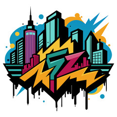 Dynamic vector illustration featuring a bustling city skyline adorned with graffiti-style street art, capturing the vibrant energy of urban culture.