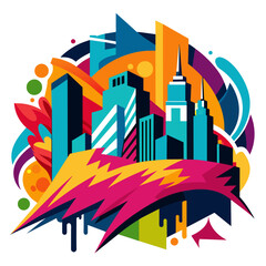 Dynamic vector illustration featuring a bustling city skyline adorned with graffiti-style street art, capturing the vibrant energy of urban culture.