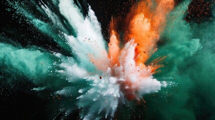 Experience of the dynamic energy of colored powder explosion with green, white, and orange hues against a dramatic black backdrop.