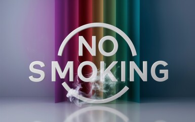 No Smoking Sign with Text Warning and Colorful Backdrop Obscured by Smoke - Health Warning, Public Spaces, Addiction Awareness - obrazy, fototapety, plakaty
