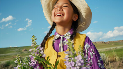 Mexican girl in a hat in a flower field
