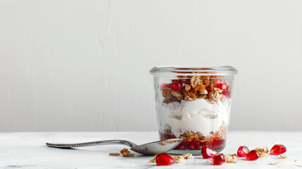 Yogurt with muesli and pomegranate in a transparent jar on the table
