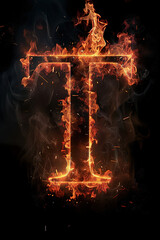 Fire letter T made of burning letters on black background