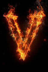 Fire letter V made of burning letters on black background