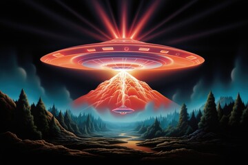 UFO invading night sky illuminated. - obrazy, fototapety, plakaty