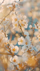 Close-up of white plum flowers blooming on sunny blurred background. Delicate aesthetic spring background. Generative AI