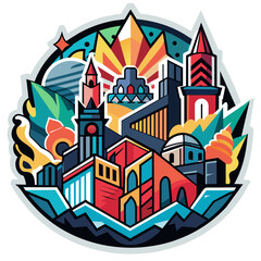 Edgy sticker depicting a modern cityscape with bold, abstract street art motifs interwoven throughout the architecture, evoking a sense of creativity and rebellion