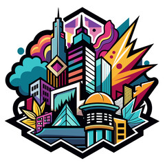 Edgy sticker depicting a modern cityscape with bold, abstract street art motifs interwoven throughout the architecture, evoking a sense of creativity and rebellion