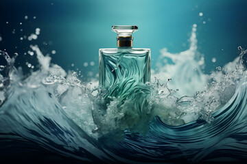 Glass bottle of perfume in water wave splash.
