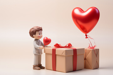 Little boy miniature with red heart balloons and gift boxes.