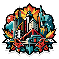 Edgy sticker depicting a modern cityscape with bold, abstract street art motifs interwoven throughout the architecture, evoking a sense of creativity and rebellion