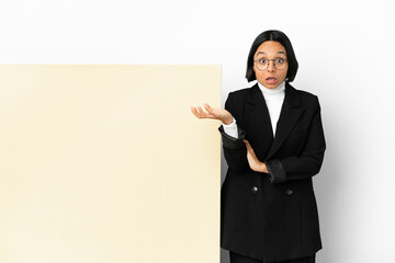 Young business mixed race woman with with a big banner over isolated background making doubts gesture