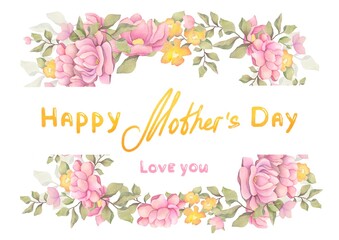 Happy Mother's Day greeting card. watercolor horizontal banner with handwritten lettering text and delicate flowers on a white background