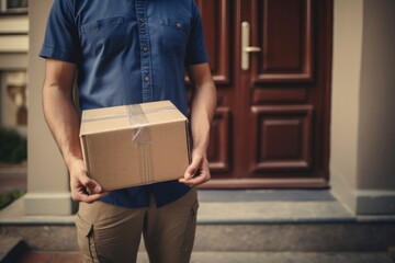 Delivery man holding a box cardboard architecture.